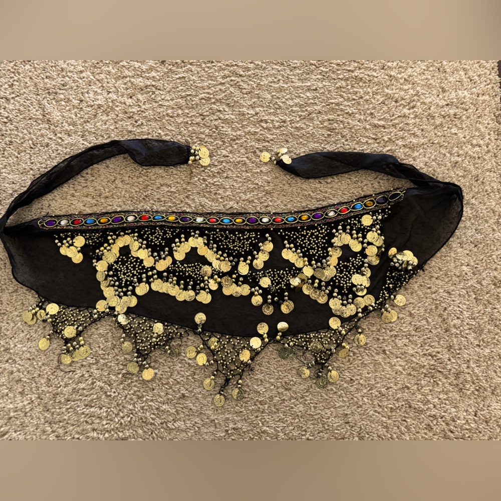 Black Belly Dance Hip Scarf with Gold Coins